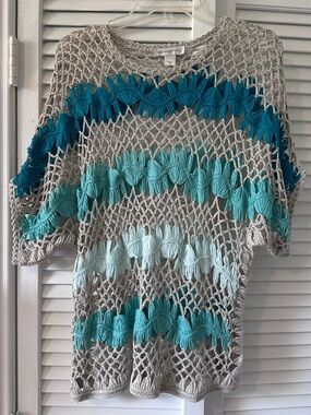 Christopher & Banks Open-Knit Weave Pullover with Teal and Aqua Stripes Coastal